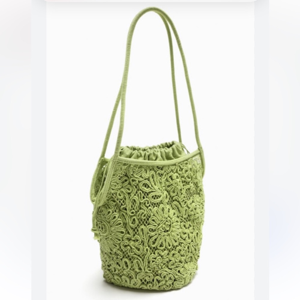 Zara NWT embroidered crochet flower tote bag green 6184/110